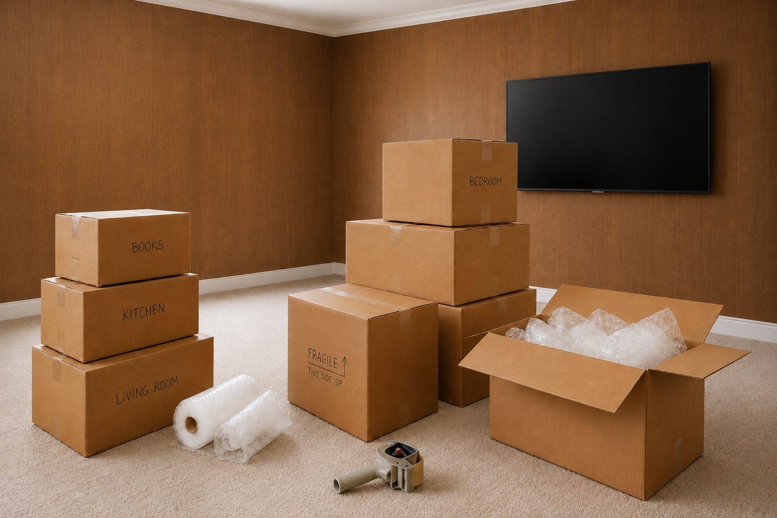 Packed moving boxes in a room